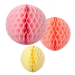 Set 3 pompones nido abeja, sorbete-rosa-amarillo